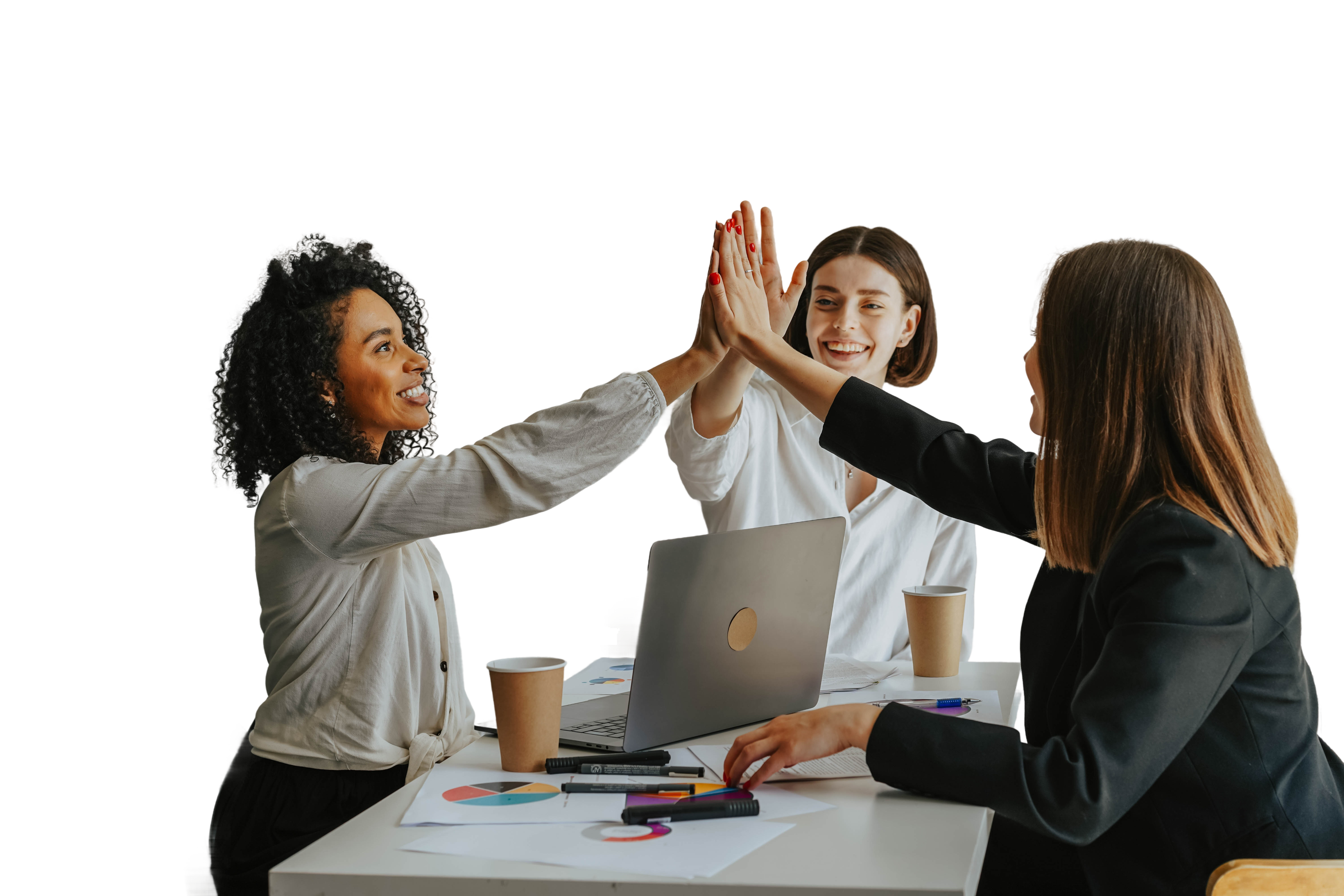 Team high-fiving around laptop